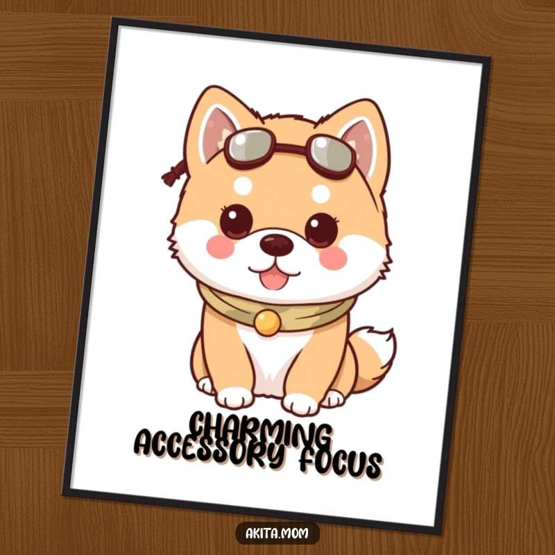 Funny Kawaii Akita dog poster, vividly depicting a dog wearing a charming little accessory, adding style to decor.