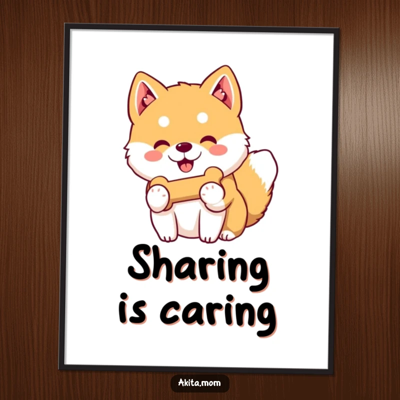 Funny Kawaii Akita poster illustrating a gentle-smiling dog offering its favorite toy bone, capturing a moment of pure generosity.