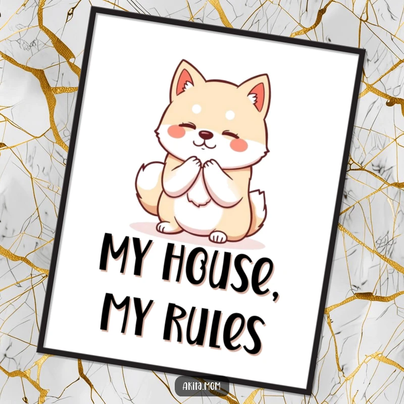 Funny Kawaii Akita poster illustrating a dog in a dignified posture bowing politely, offering a serene and respectful visual.