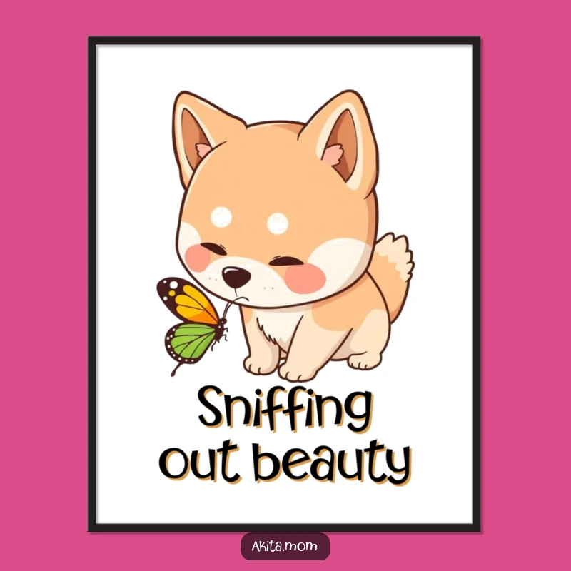 Funny Kawaii Akita Dog Sniffing Butterfly Poster - Whimsical Art & Gentle Humor Gift!