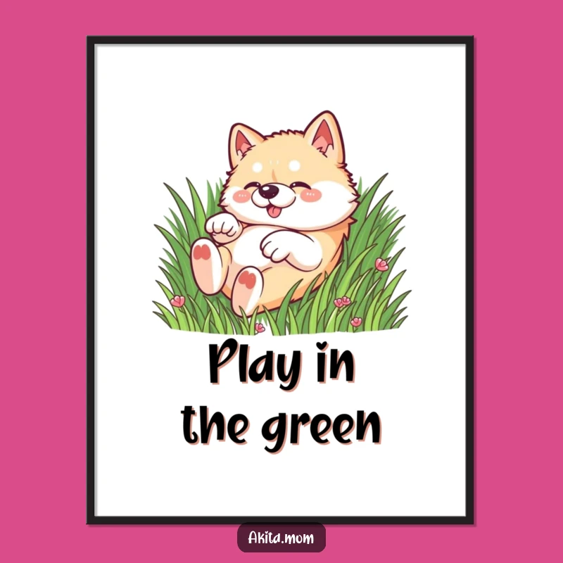 Funny Kawaii Akita Grass Poster: Decorate with Playful Art