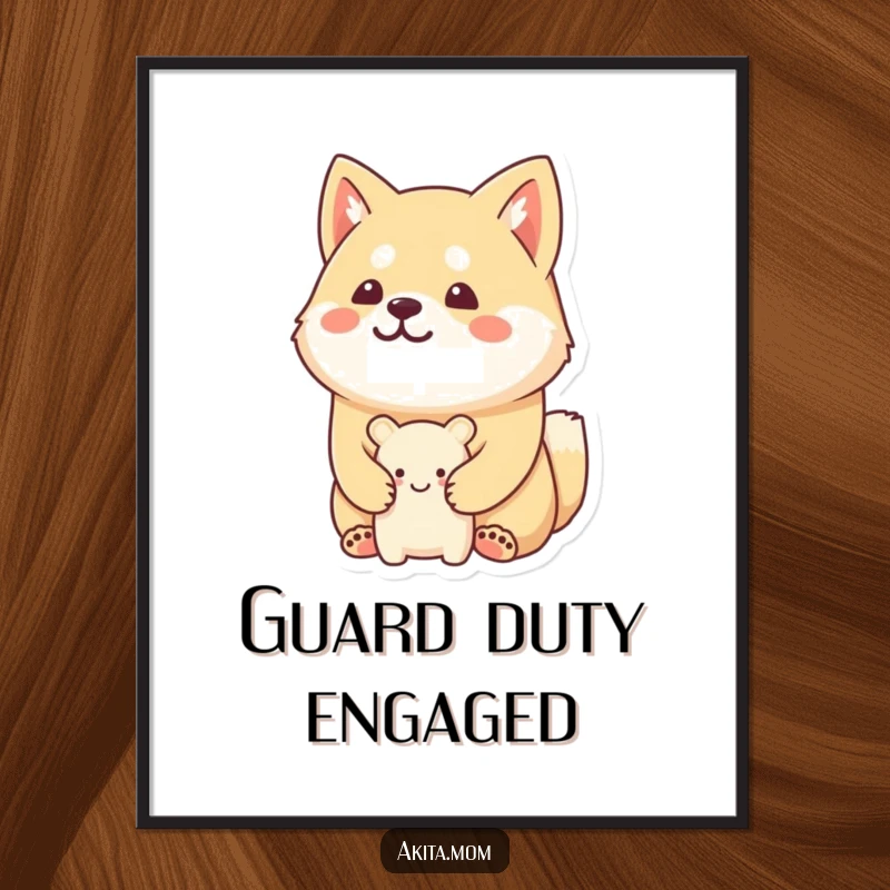 Funny Kawaii Akita poster with a happy, stoic expression, guarding a tiny, smiling toy, showcasing adorable protectiveness.