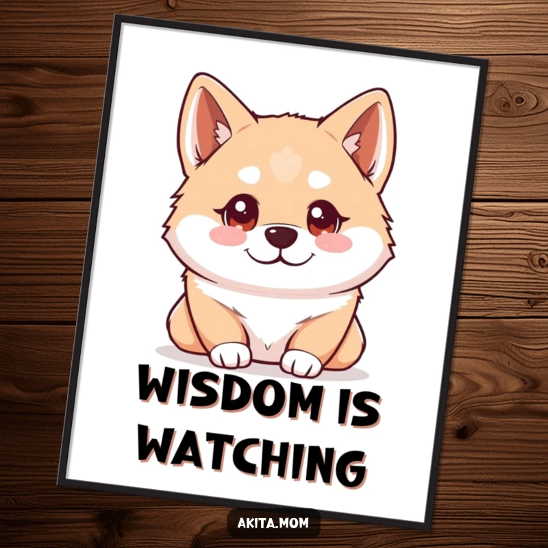 Funny Kawaii Akita poster illustrating a dog with bright, intelligent eyes meticulously observing its surroundings, capturing a moment of deep thought.