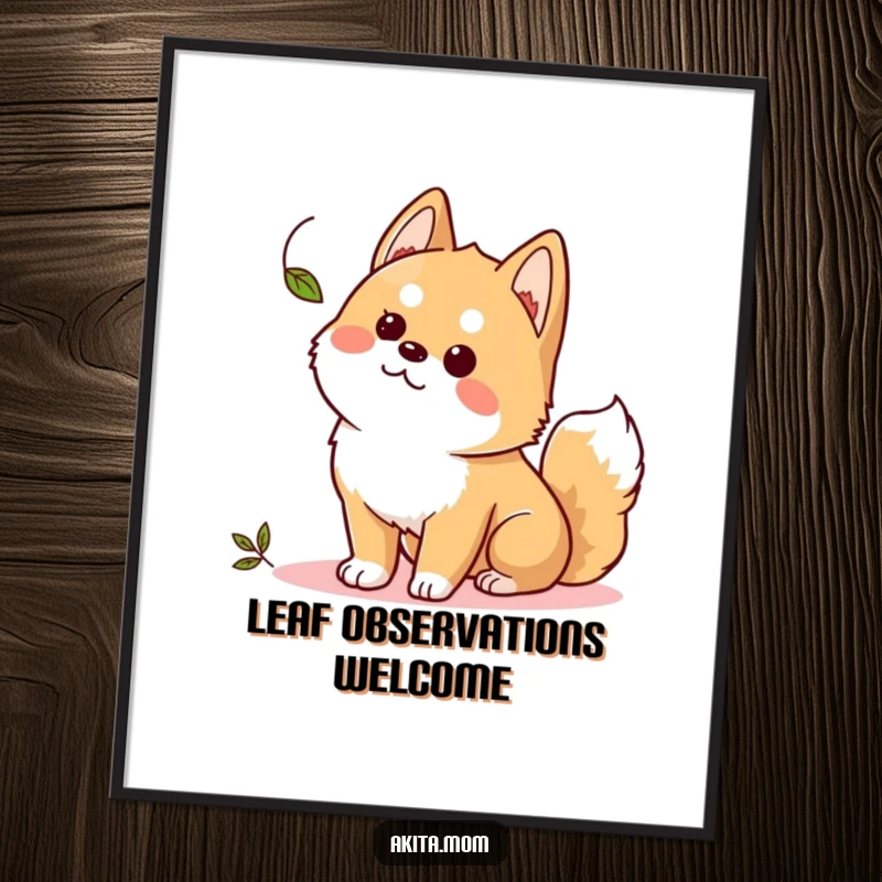 Funny Kawaii Akita poster, an alert dog curiously observing a fluttering leaf, perfect wall art for contemplation.
