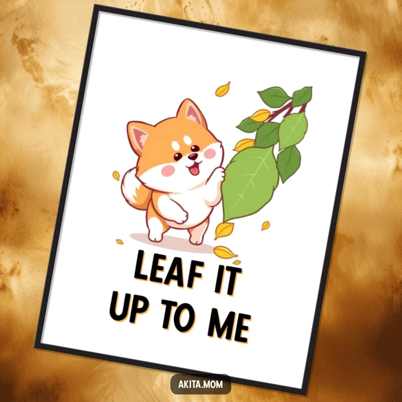Funny Kawaii Akita poster showing an energetic dog with alert ears pouncing playfully on a fluttering autumn leaf, capturing a moment of pure delight.
