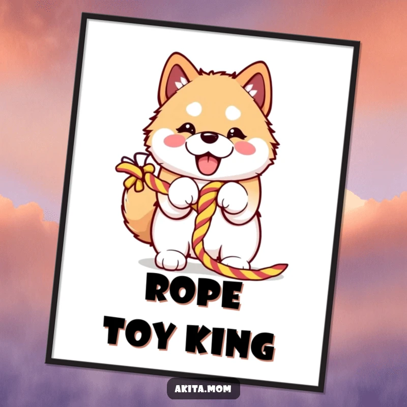 Funny Kawaii Akita poster enthusiastically embracing a colorful knotted rope, capturing a moment of intense, joyful tug-of-war play.