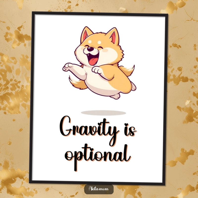Funny poster of an Akita dog in a powerful and playful leap, showcasing athleticism and joyful abandon.