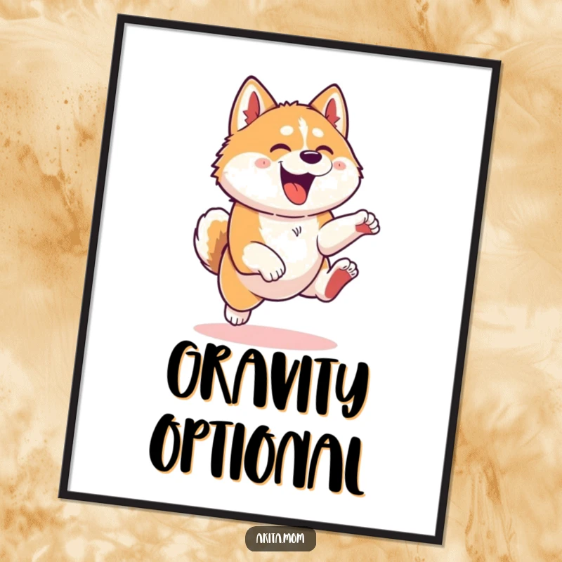 Funny Kawaii Akita dog poster art, capturing a thrilling leap with playful energy, adding dynamism and humor to wall decor.