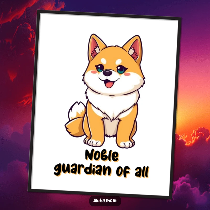 Funny Akita hero poster print of a proud Akita striking a heroic pose, alert ears emphasizing its dignified and brave nature.