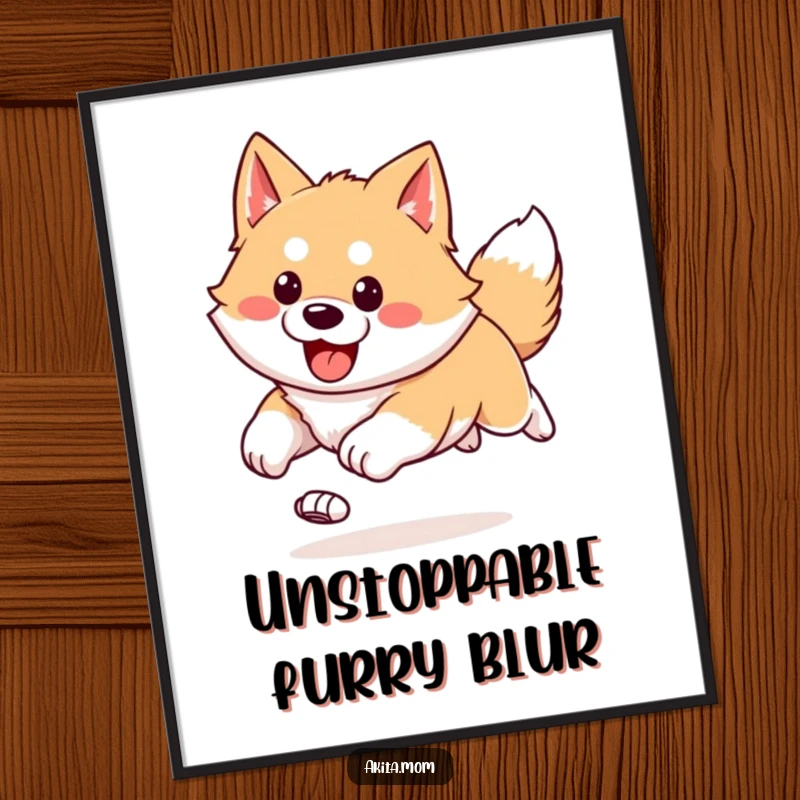 Funny Kawaii Akita poster capturing a happy, bounding run with ears flying, conveying pure exhilaration and freedom.