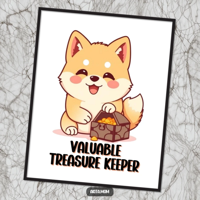 Funny Akita treasure guardian poster print of a happy Akita protectively watching over a small, precious treasure.