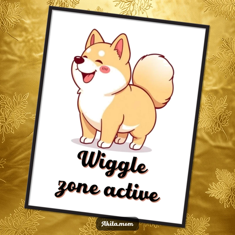 Funny Kawaii Akita poster illustrating a happy dog doing a vigorous wiggle with its curled tail, capturing pure Akita exuberance.