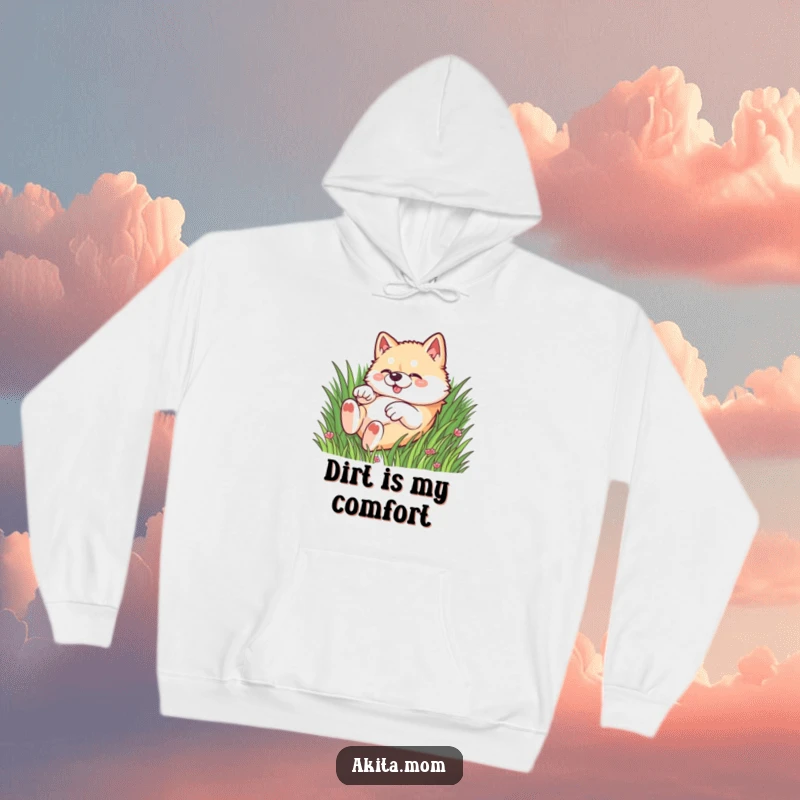 Funny Kawaii Akita dog hoodie, illustrating a dog rolling playfully in the grass, perfect for cozy, fun moments.