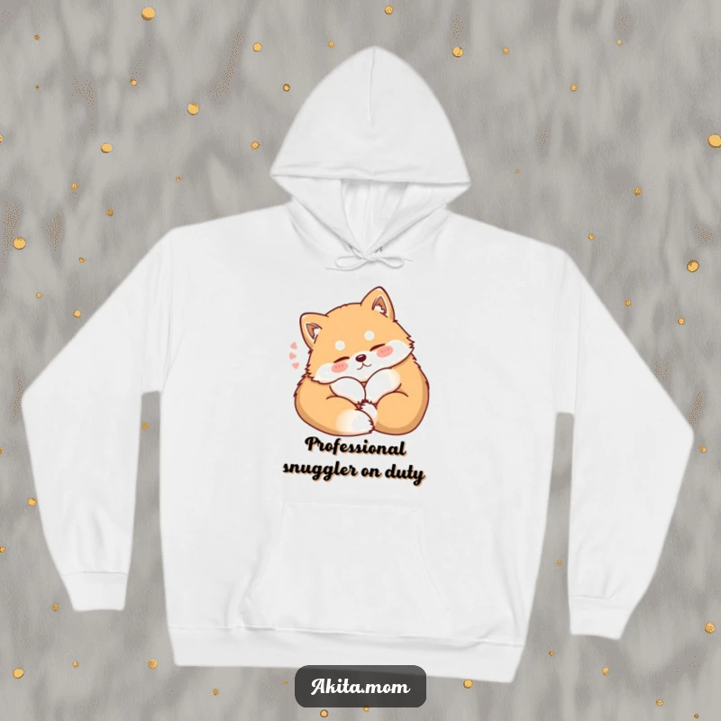 Funny Kawaii Akita hoodie, showing a dog curling up contentedly with a soft sigh, perfect for cozy nights and ultimate relaxation.