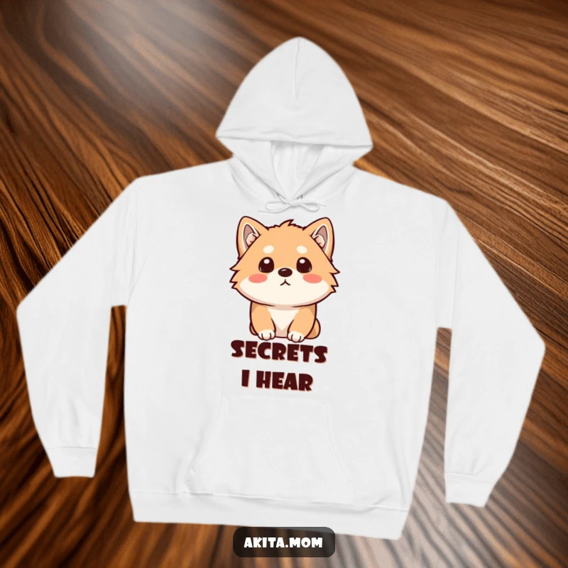 Funny Kawaii Akita hoodie showing a dog with a curious head tilt, listening intently. Comfortable and humorous design.
