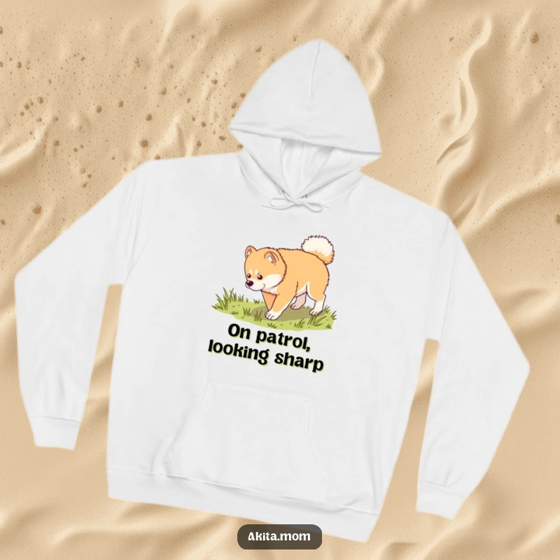 Funny Kawaii Akita hoodie, depicting a dog in a dignified trot exploring grass, ideal for cozy, contemplative moments and dog fans.