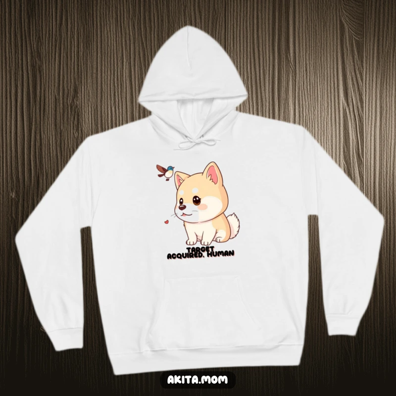 Funny Kawaii Akita hoodie, showing a dog with a focused gaze intently watching a distant bird, perfect for outdoor adventures and keen observers.