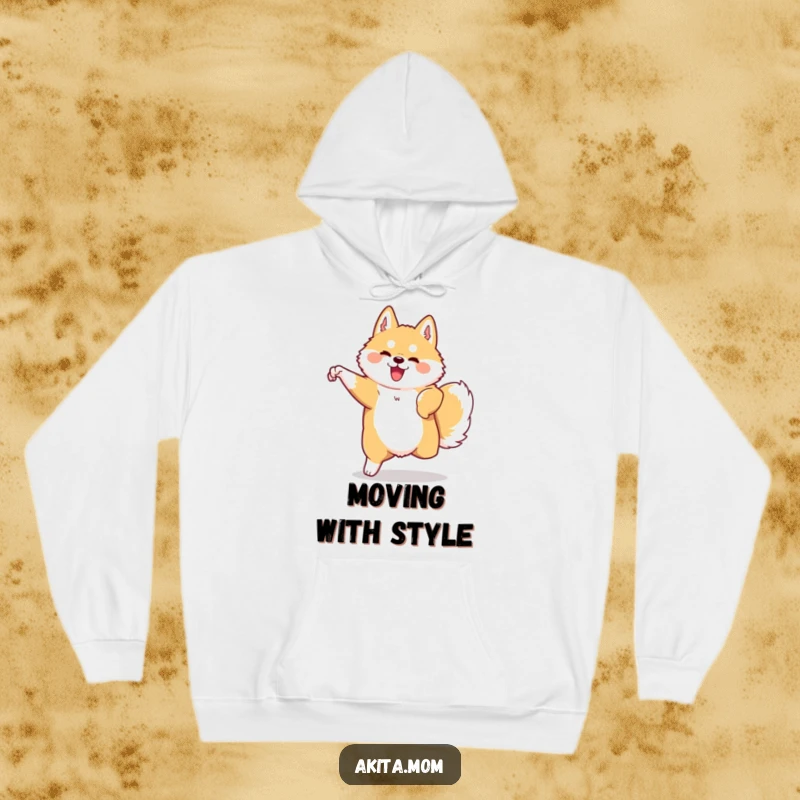 Funny Kawaii Akita hoodie showing a dog in a graceful, swift movement. Comfortable and humorous design.