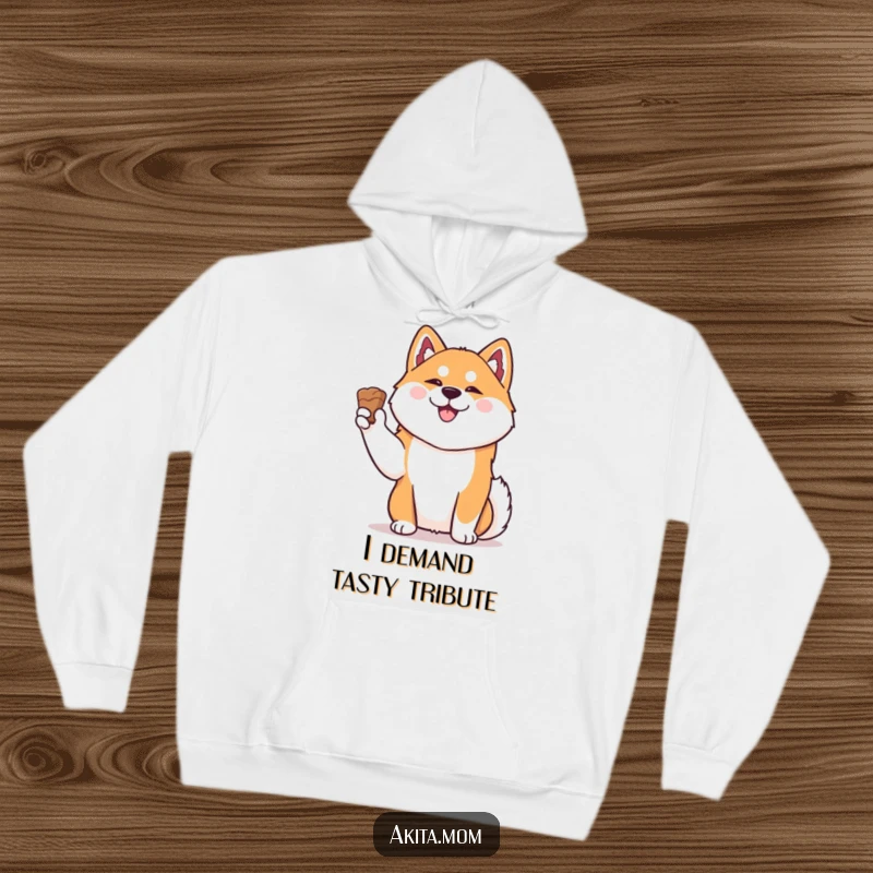 Funny Kawaii Akita hoodie, a dignified dog holding a treat expectantly, radiating happiness and charm on a comfortable hoodie.