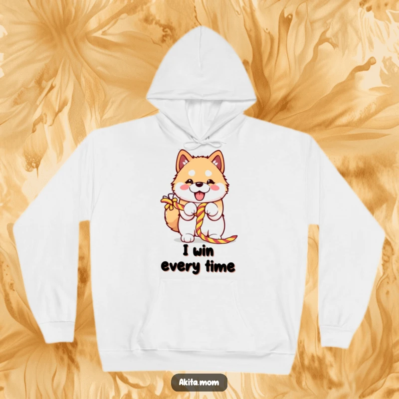 Funny Kawaii Akita hoodie enthusiastically embracing a colorful knotted rope, showing off its playful strength and happy, determined expression.