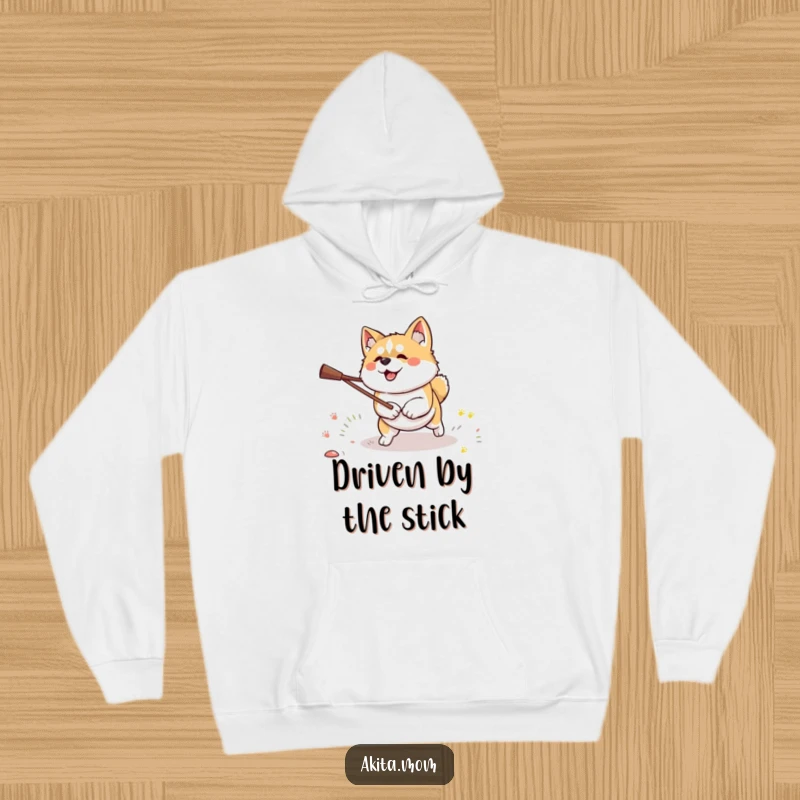 Funny Kawaii Akita dog hoodie, illustrating a dog with clear determination, focused on fetching a stick.