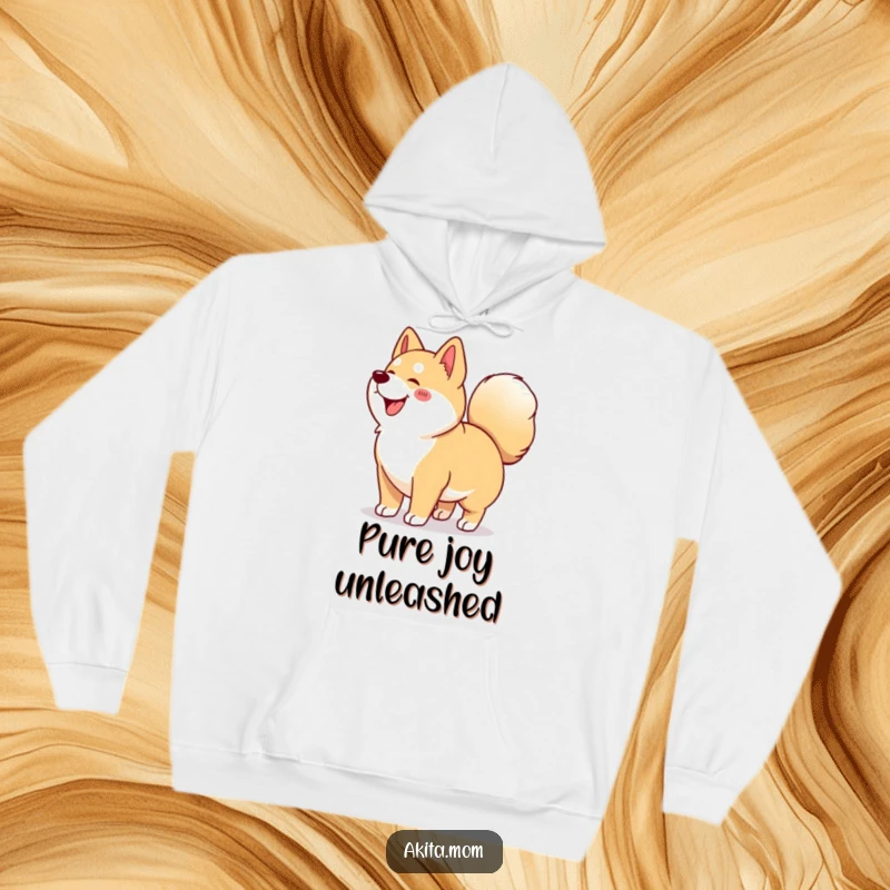 Funny Kawaii Akita hoodie capturing a happy dog mid-wiggle, its curled tail expressing ultimate Akita excitement and silliness.