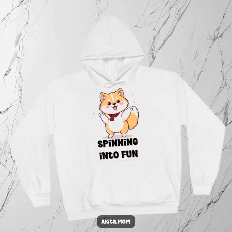 Funny Kawaii Akita Hoodie, a cute dog performing a dignified yet cheerful spin, a cozy and humorous dog garment.
