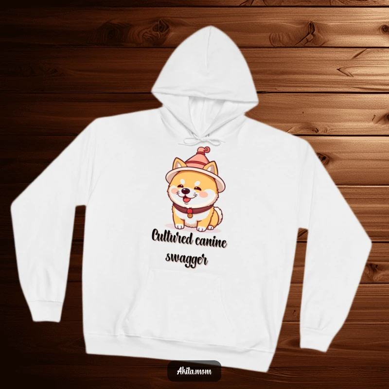Funny Akita hoodie featuring a dog in a tiny traditional Japanese hat. Warm, humorous, and a culturally unique gift.