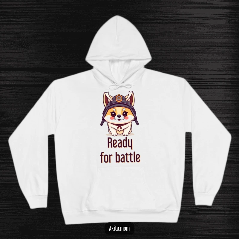 Funny hoodie illustration of an Akita dog wearing a small samurai helmet with impressive flair and a noble demeanor.