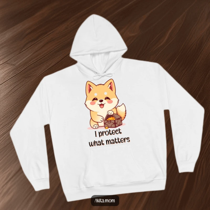 Funny Akita hoodie showing a happy Akita protectively guarding a small treasure, exuding warmth and humorous vigilance.