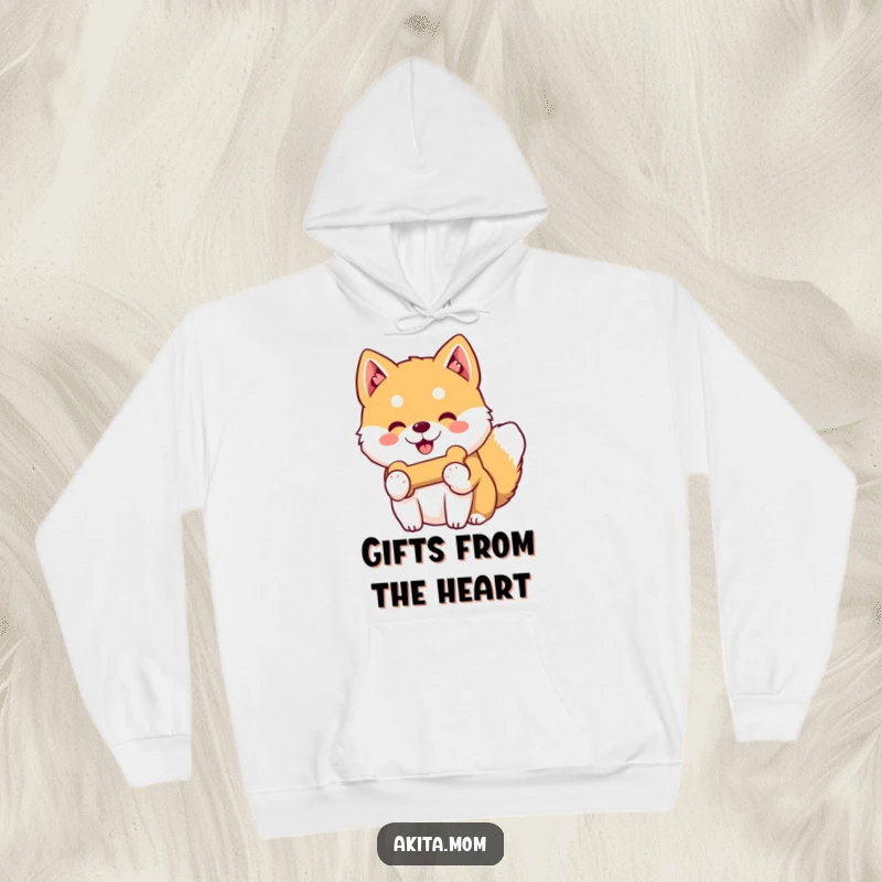 Funny Kawaii Akita hoodie depicting a dog with a gentle smile offering its favorite toy bone, radiating warmth and friendship.