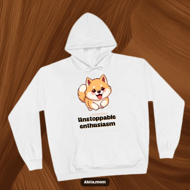 Funny Akita hoodie featuring an enthusiastic dog bounding forward. Warm, humorous, and a perfect gift for dog lovers.