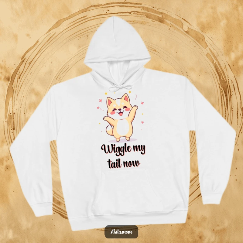 Funny Kawaii Akita dog hoodie, depicted in a joyful, celebratory dance, perfect for cozying up with a smile.