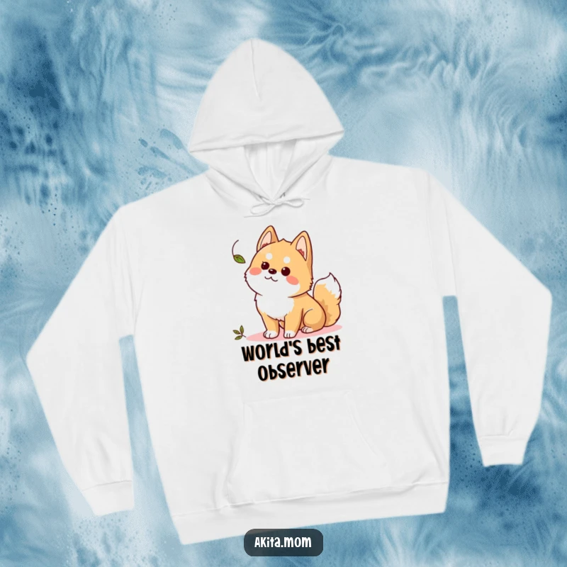 Funny Kawaii Akita hoodie, an alert, curious dog watching a leaf, perfect for staying warm and amused.