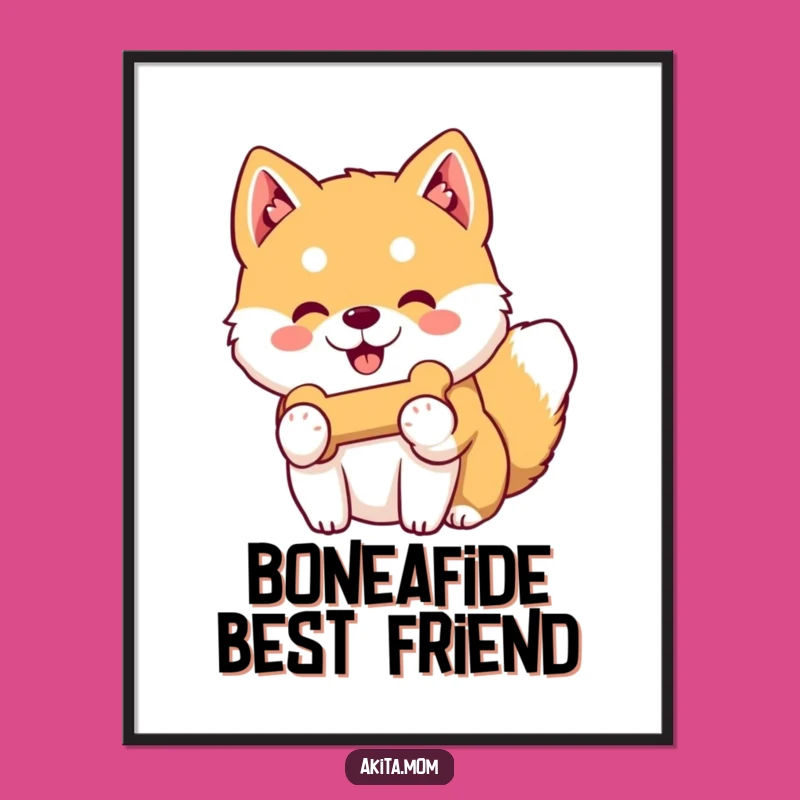 Free Printable Wall Art: Friendly Kawaii Akita with Bone, Downloadable Whimsical Decor Gift