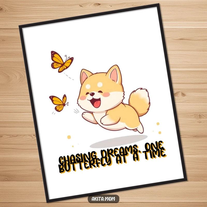 Funny Free Printable Wall Art of a joyful Akita cub mid-leap, chasing a delicate butterfly in a sunny meadow.