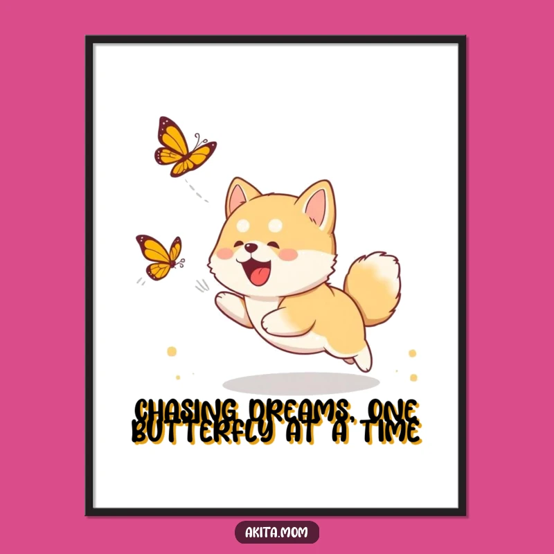 Funny Free Printable Wall Art: Akita Cub Butterfly Chase - Cute Downloadable Decor