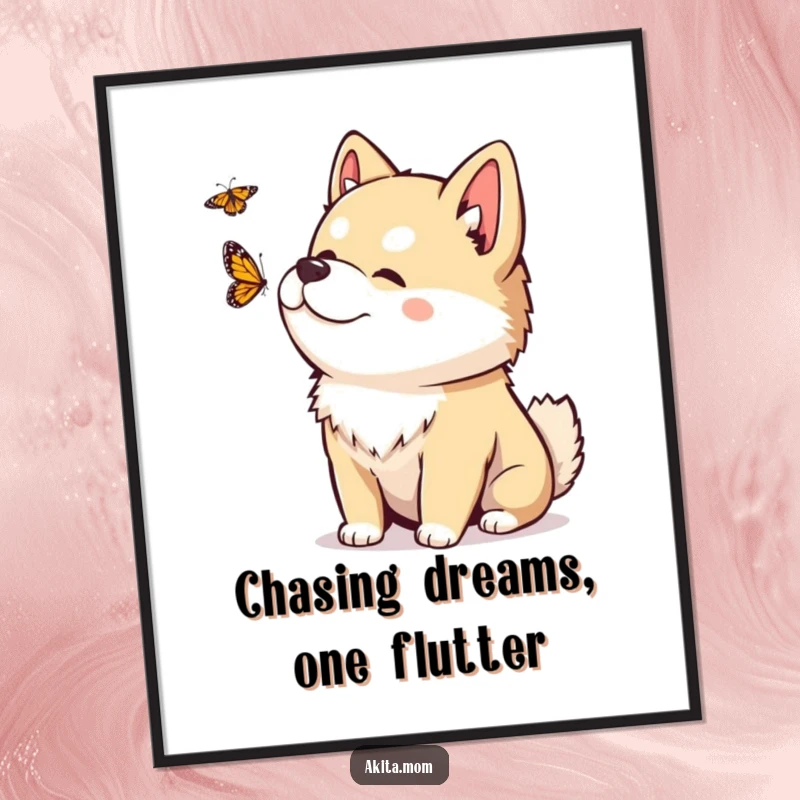 Funny Free Printable Wall Art: Kawaii Akita tilting its head playfully, observing a fluttering butterfly, a serene and humorous art piece.