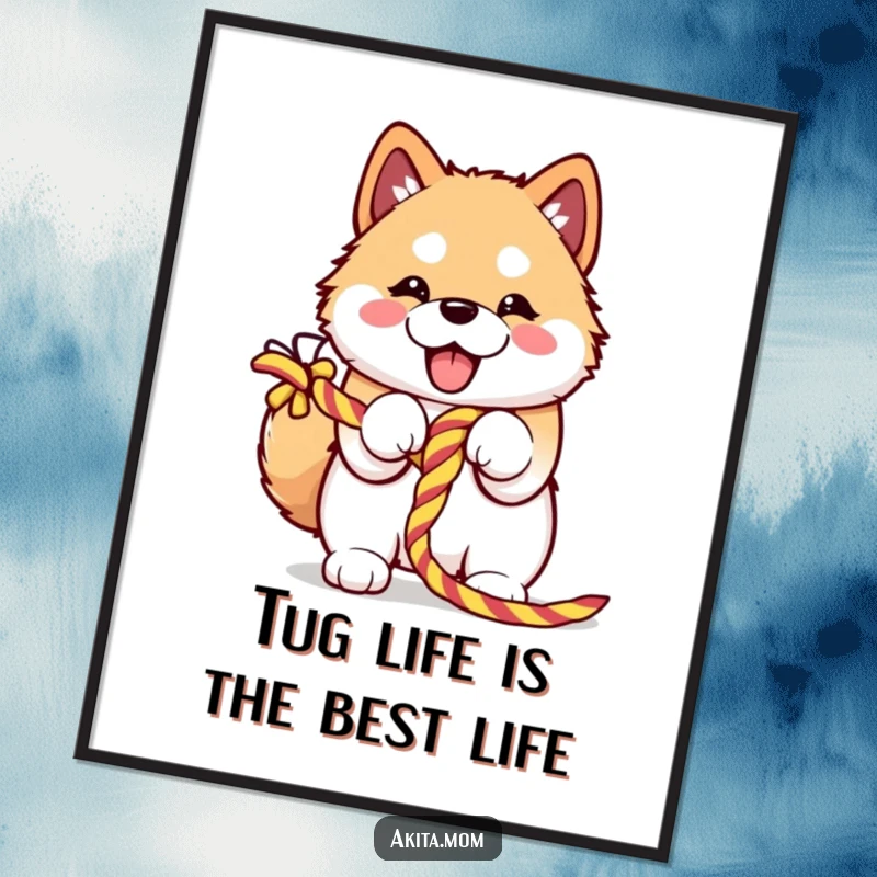 Funny Free Printable Wall Art: Kawaii Akita joyfully embracing a colorful rope, a whimsical and humorous piece of art.