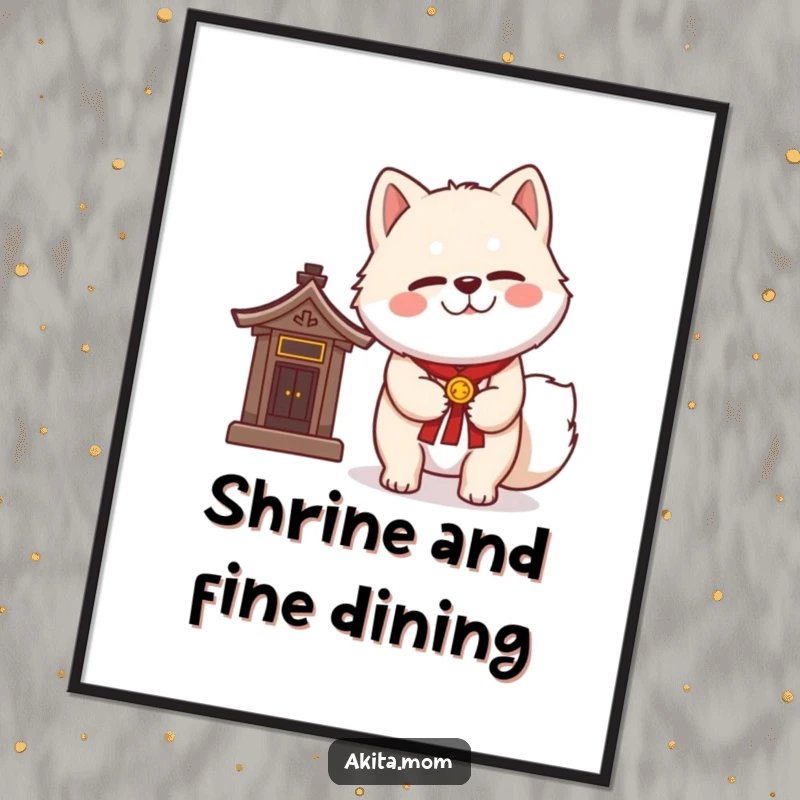 Funny Free Printable Wall Art: Kawaii Akita with a dignified wink, standing by a miniature shrine, a humorous and artistic piece.