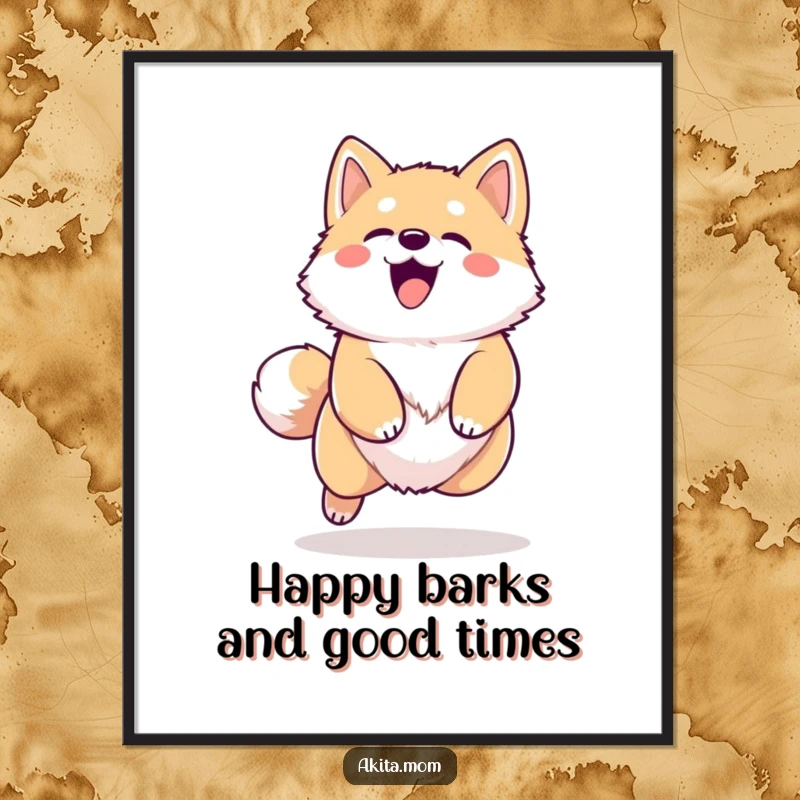 Funny Free Printable Wall Art: A cute kawaii Akita dog captured mid-leap with an ecstatic happy bark.