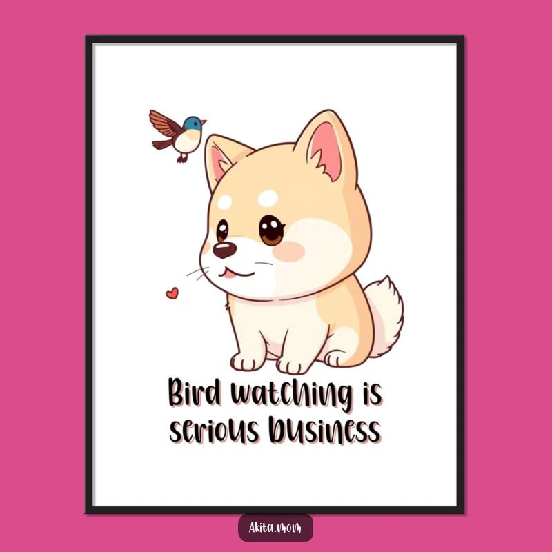 Free Printable Kawaii Akita Focus Wall Art: Bird Watching Doggo Decor