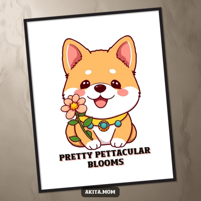 Funny Free Printable Wall Art: Kawaii Akita wearing a decorative collar, proudly showing off a single, bright flower.