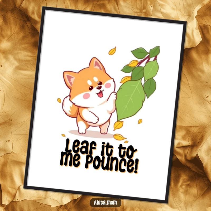 Funny Free Printable Wall Art: A cute Kawaii Akita with perky ears joyfully pouncing on a whimsical falling leaf.