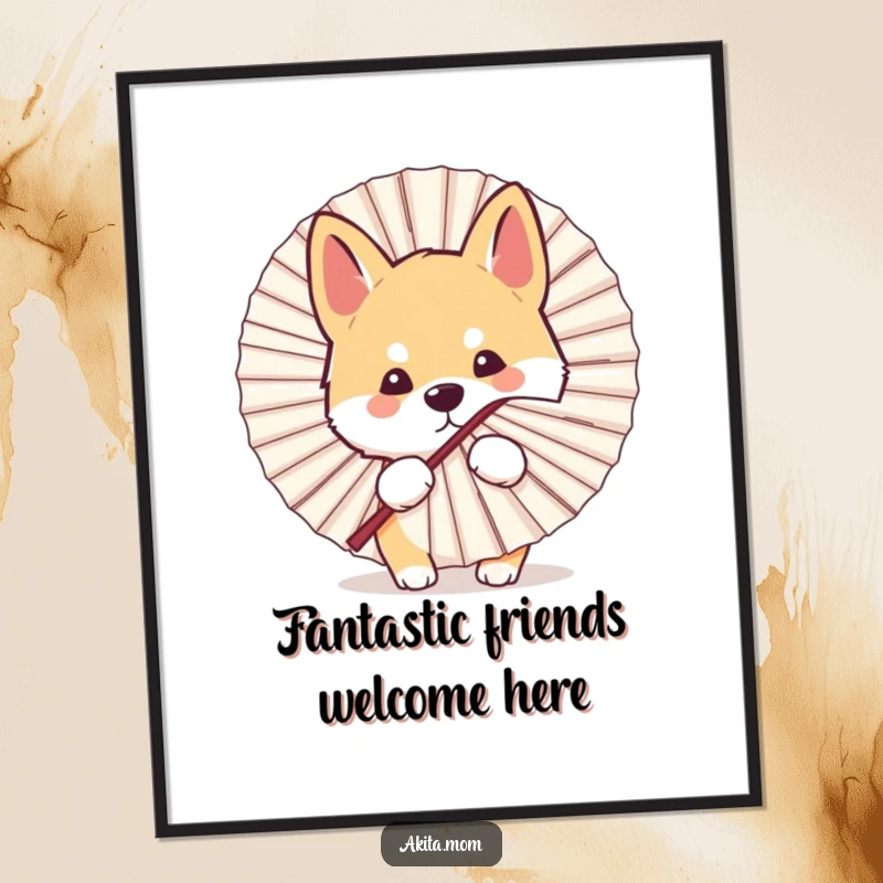 Funny Free Printable Wall Art: Kawaii Akita dog humorously peeking from behind a large fan, adding a playful element to your room.