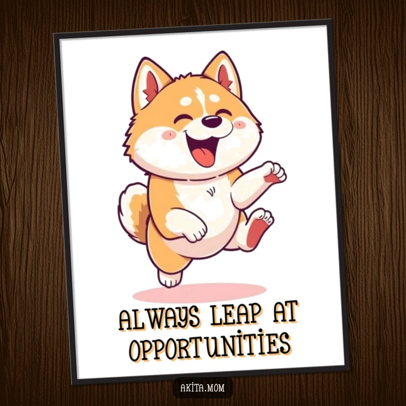 Funny Free Printable Wall Art: Kawaii Akita dog captured mid-leap, embodying playful energy and happiness on your wall.