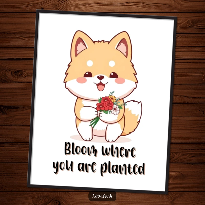 Funny Free Printable Wall Art: A proud Kawaii Akita holding a small, charming bouquet of lovely flowers.