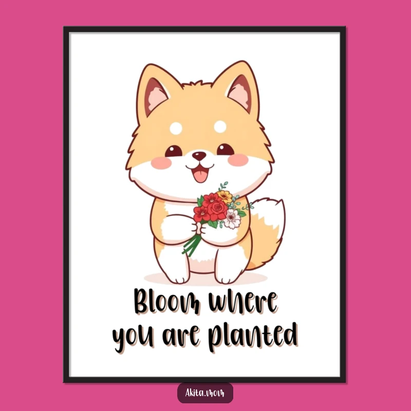 Free Printable Wall Art: Proud Kawaii Akita with Flowers, Downloadable Sweet Decor Gift
