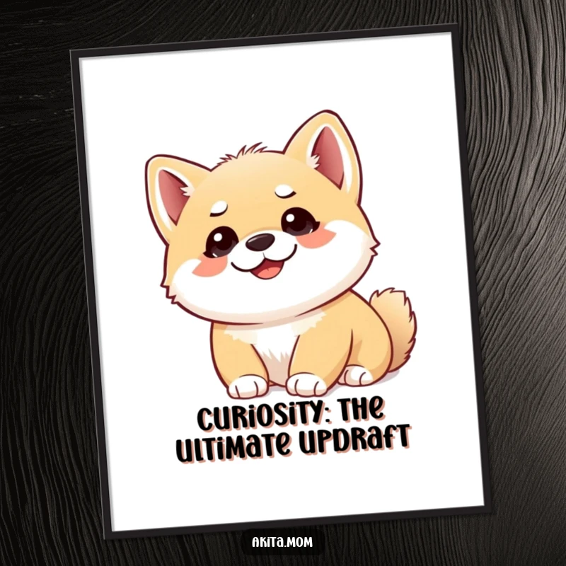 Funny Free Printable Wall Art of a smiling Akita cub with alert ears gazing curiously upwards with bright eyes.