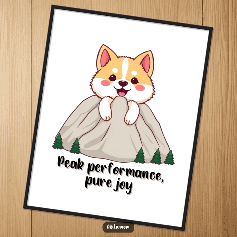 Funny Free Printable Wall Art: Happy Akita peeking playfully from behind a large, cheerful mountain, creating a unique scenic art piece.